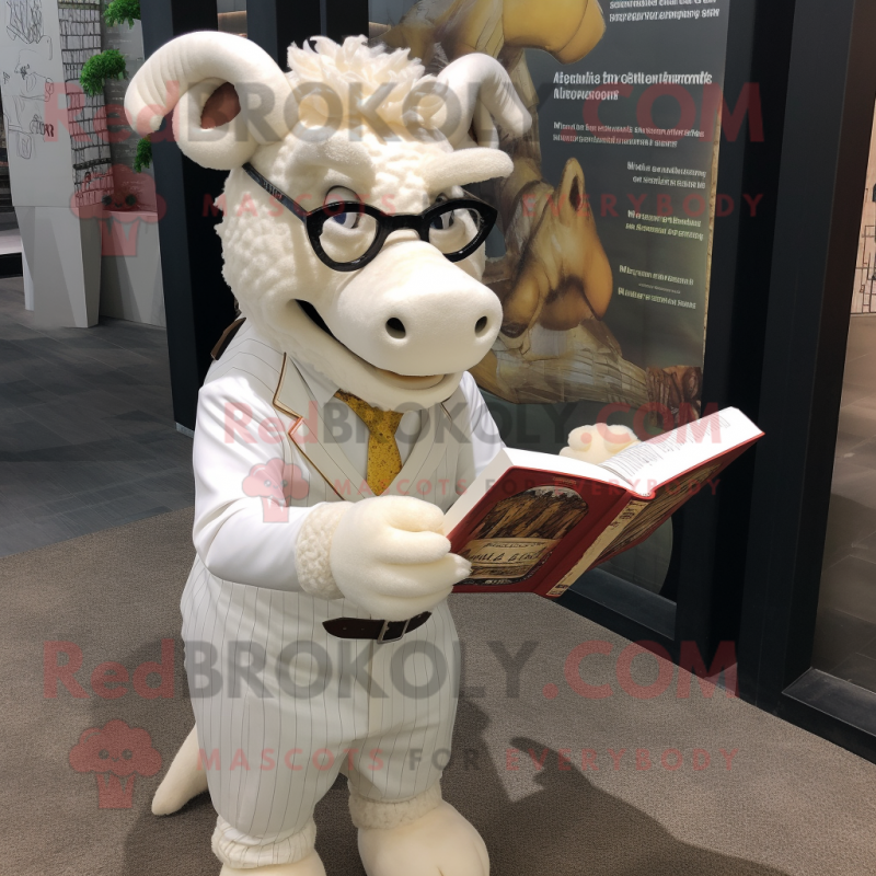 White Minotaur mascot costume character dressed with a Suit Pants and Reading glasses White Minotaur mascot costume character dressed with a Suit Pants and Reading glasses