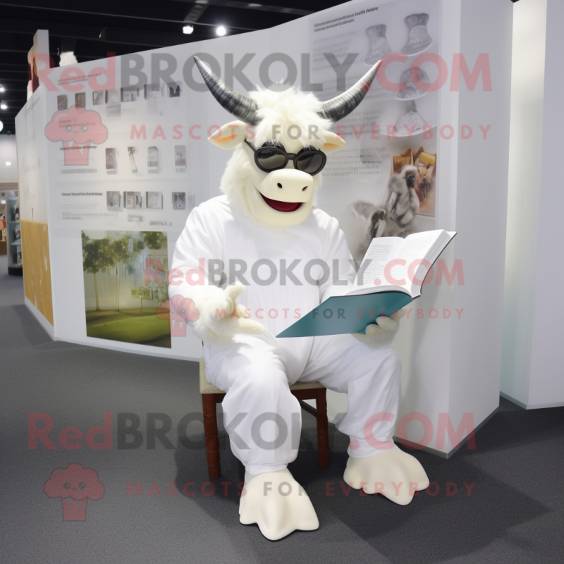White Minotaur mascot costume character dressed with a Suit Pants and Reading glasses White Minotaur mascot costume character dressed with a Suit Pants and Reading glasses