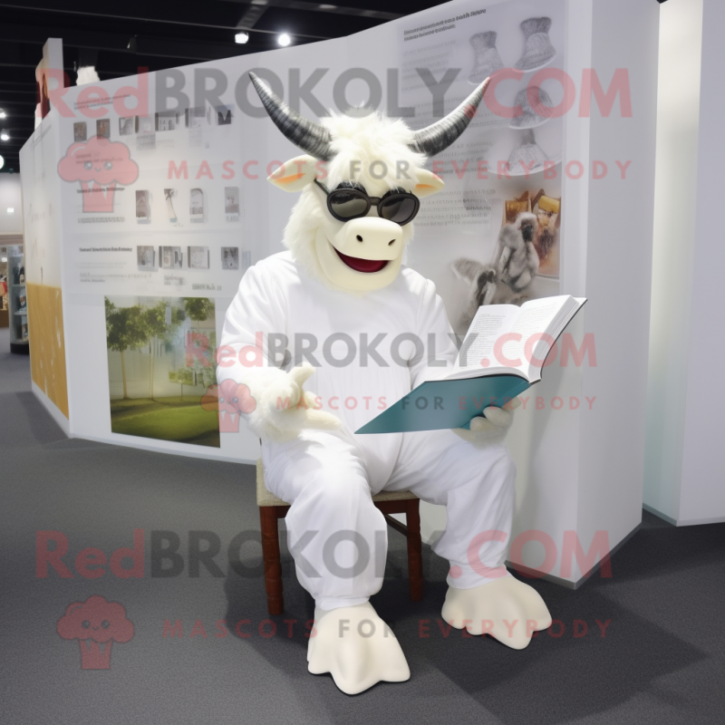 White Minotaur mascot costume character dressed with a Suit Pants and Reading glasses