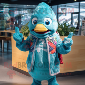 Turquoise Ceviche mascot costume character dressed with a Parka and Berets