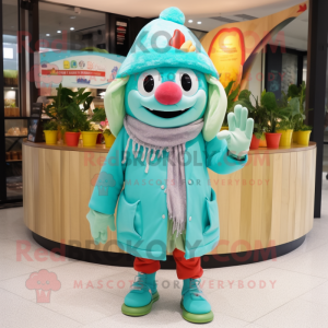 Turquoise Ceviche mascot costume character dressed with a Parka and Berets