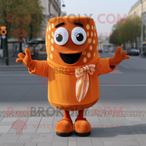 Orange Currywurst mascot costume character dressed with a Sweater and Bow ties
