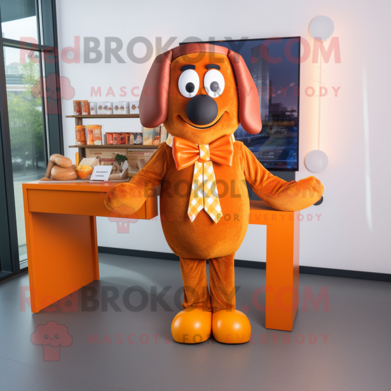 Orange Currywurst mascot costume character dressed with a Sweater and Bow ties