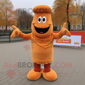 Orange Currywurst mascot costume character dressed with a Sweater and Bow ties