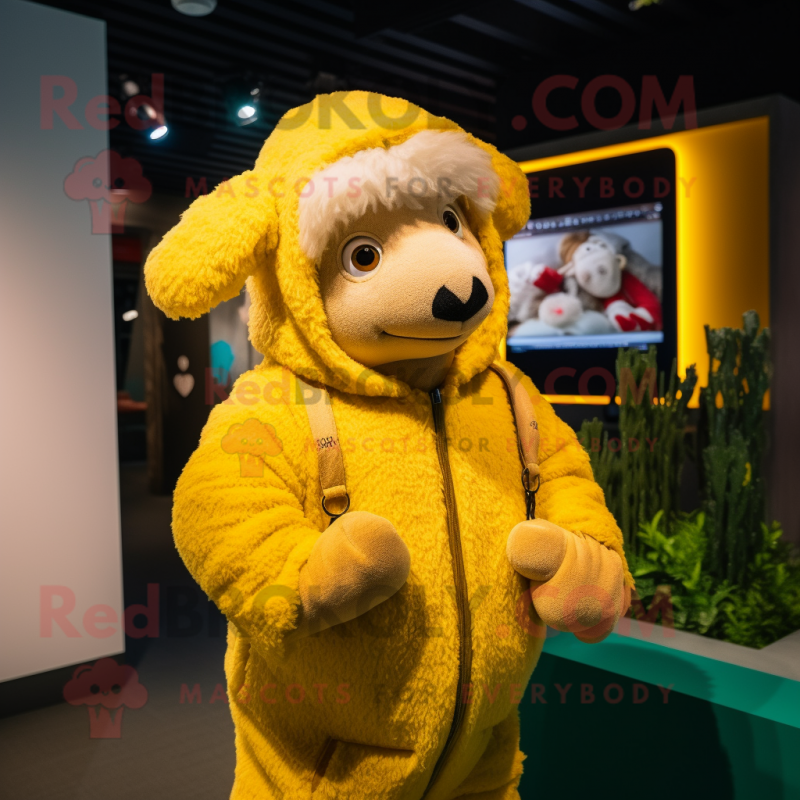 Yellow Sheep mascot costume character dressed with a Hoodie and Brooches