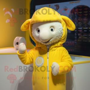 Yellow Sheep mascot costume character dressed with a Hoodie and Brooches