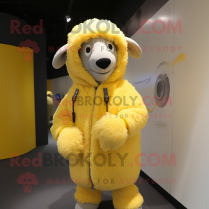Yellow Sheep mascot costume character dressed with a Hoodie and Brooches