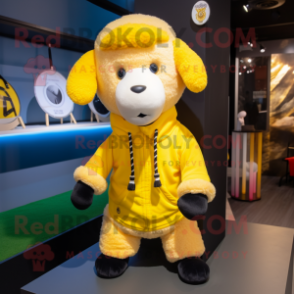 Yellow Sheep mascot costume character dressed with a Hoodie and Brooches