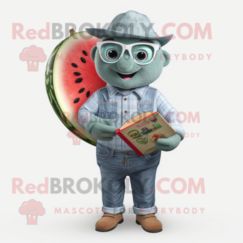 Silver Watermelon mascot costume character dressed with a Chambray Shirt and Reading glasses