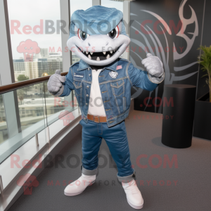 Gray Barracuda mascot costume character dressed with a Jeans and Watches