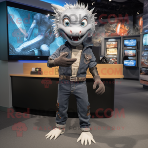 Gray Barracuda mascot costume character dressed with a Jeans and Watches