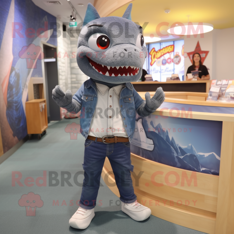 Gray Barracuda mascot costume character dressed with a Jeans and Watches