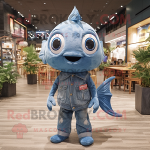 Blue Goldfish mascot costume character dressed with a Denim Shirt and Shoe clips