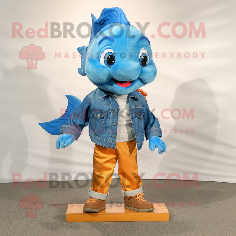 Blue Goldfish mascot costume character dressed with a Denim Shirt and Shoe clips