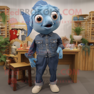Blue Goldfish mascot costume character dressed with a Denim Shirt and Shoe clips