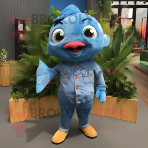 Blue Goldfish mascot costume character dressed with a Denim Shirt and Shoe clips