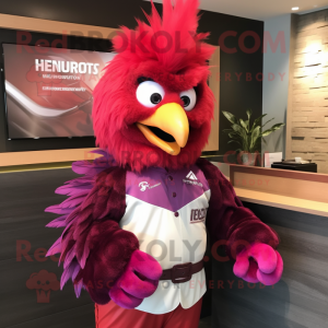 Magenta Roosters mascot costume character dressed with a Jacket and Cummerbunds