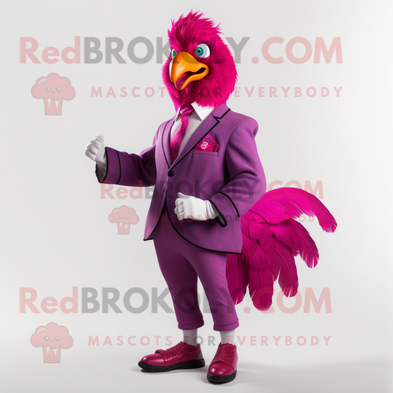 Magenta Roosters mascot costume character dressed with a Jacket and Cummerbunds Magenta Roosters mascot costume character dressed with a Jacket and Cummerbunds