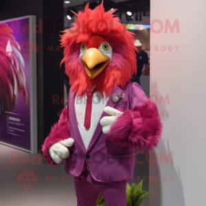 Magenta Roosters mascot costume character dressed with a Jacket and Cummerbunds