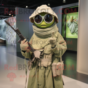 Olive Sniper mascot costume character dressed with a Midi Dress and Shawl pins