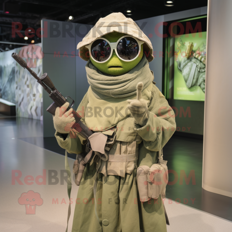 Olive Sniper mascot costume character dressed with a Midi Dress and Shawl pins Olive Sniper mascot costume character dressed with a Midi Dress and Shawl pins