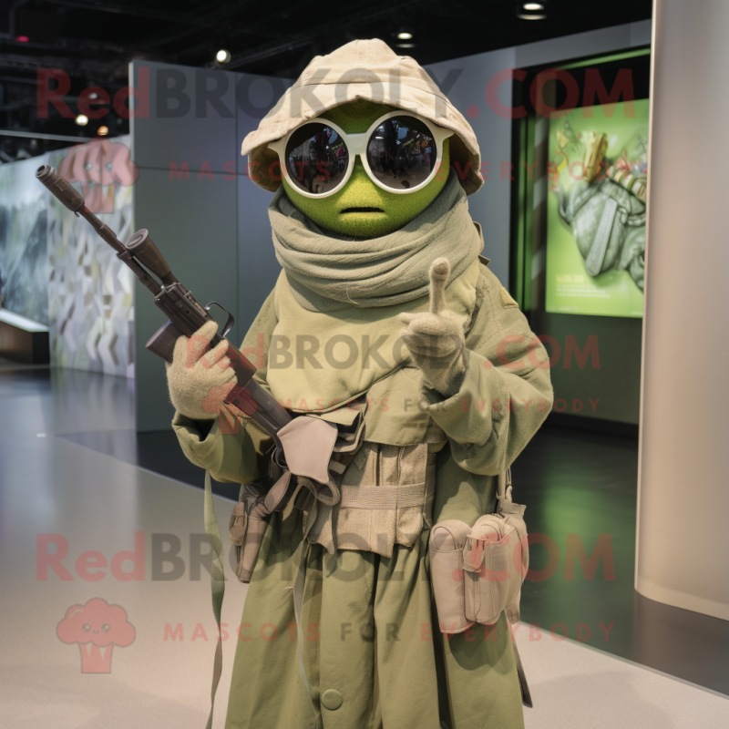 Olive Sniper mascot costume character dressed with a Midi Dress and Shawl pins