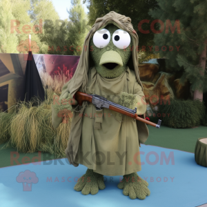 Olive Sniper mascot costume character dressed with a Midi Dress and Shawl pins