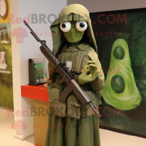 Olive Sniper mascot costume character dressed with a Midi Dress and Shawl pins