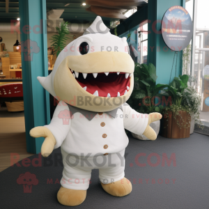 Cream Shark mascot costume character dressed with a Sweater and Anklets