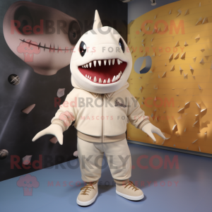 Cream Shark mascot costume character dressed with a Sweater and Anklets