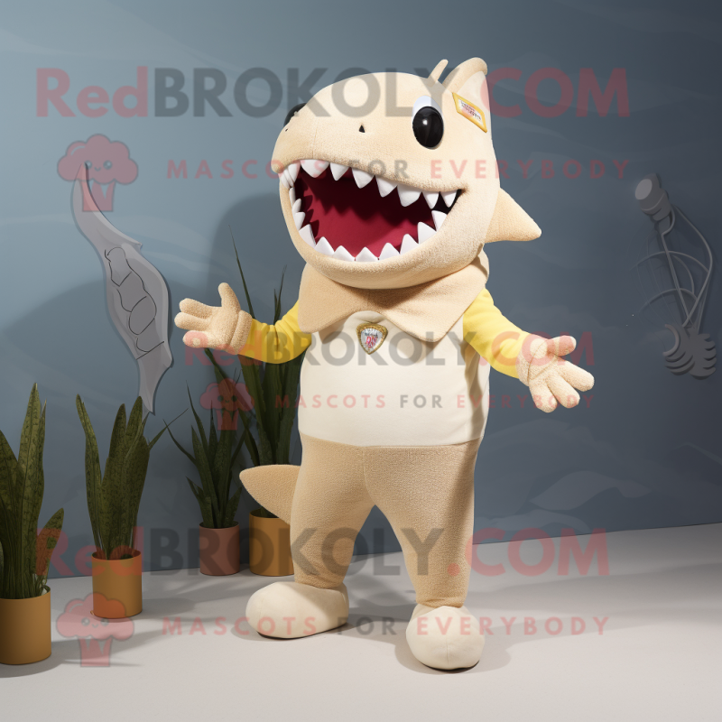 Cream Shark mascot costume character dressed with a Sweater and Anklets Cream Shark mascot costume character dressed with a Sweater and Anklets