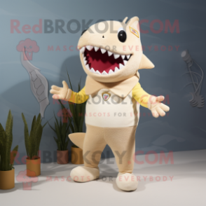 Cream Shark mascot costume character dressed with a Sweater and Anklets