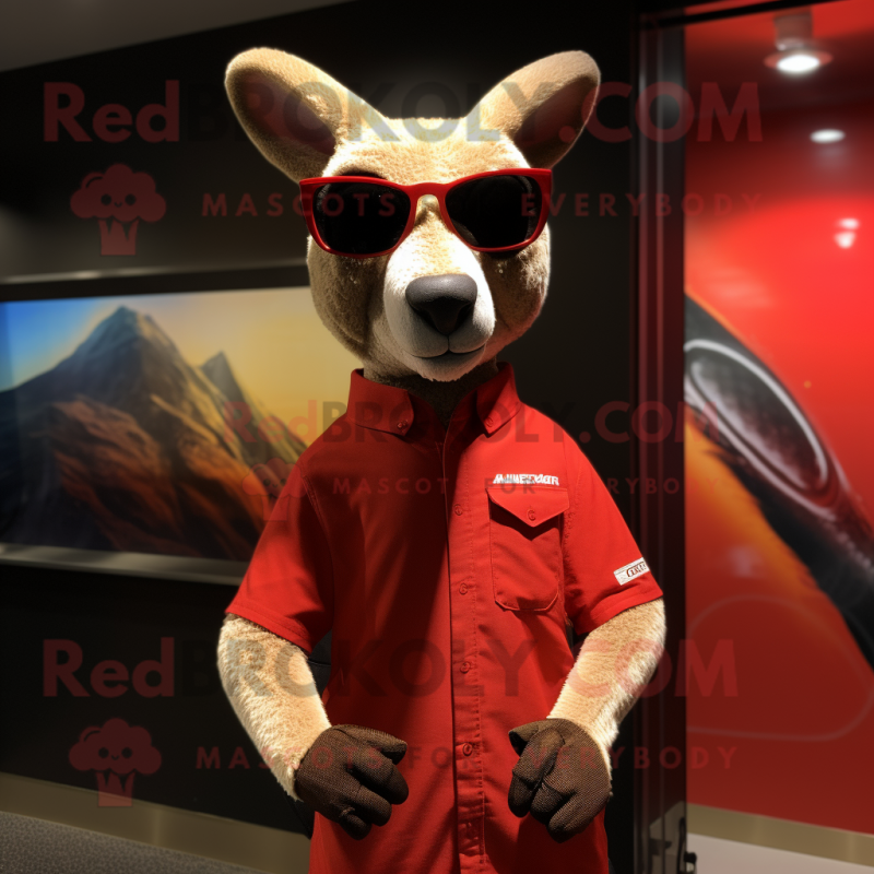 Red Kangaroo mascot costume character dressed with a Rash Guard and Sunglasses