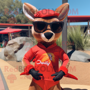 Red Kangaroo mascot costume character dressed with a Rash Guard and Sunglasses