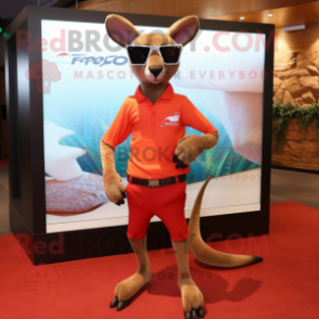 Red Kangaroo mascot costume character dressed with a Rash Guard and Sunglasses