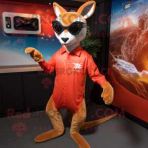 Red Kangaroo mascot costume character dressed with a Rash Guard and Sunglasses