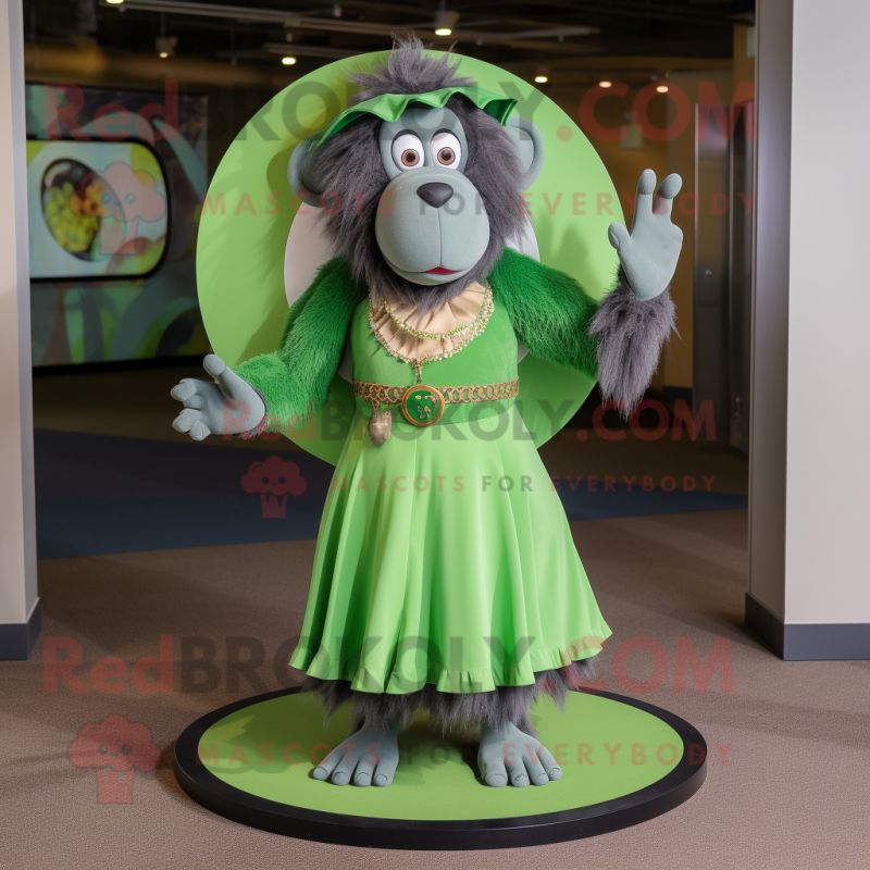 Green Baboon mascot costume character dressed with a Circle Skirt and Handbags Green Baboon mascot costume character dressed with a Circle Skirt and Handbags