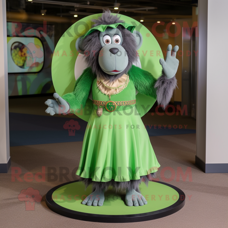 Green Baboon mascot costume character dressed with a Circle Skirt and Handbags