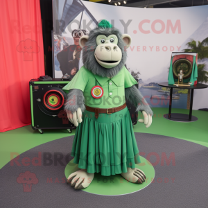 Green Baboon mascot costume character dressed with a Circle Skirt and Handbags