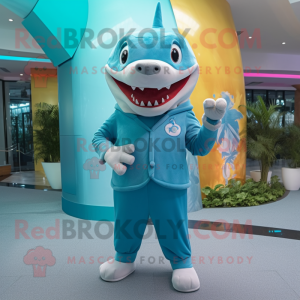 Cyan Shark mascot costume character dressed with a Trousers and Foot pads