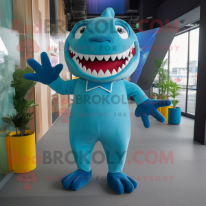 Cyan Shark mascot costume character dressed with a Trousers and Foot pads