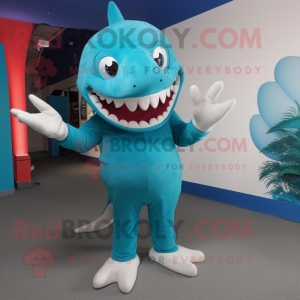 Cyan Shark mascot costume character dressed with a Trousers and Foot pads