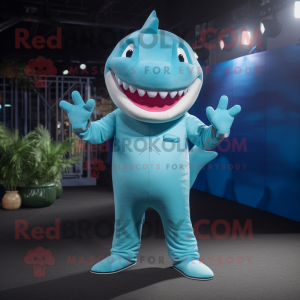 Cyan Shark mascot costume character dressed with a Trousers and Foot pads