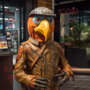 Rust Parrot mascot costume character dressed with a Moto Jacket and Hat pins