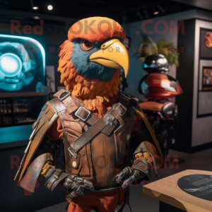 Rust Parrot mascot costume character dressed with a Moto Jacket and Hat pins