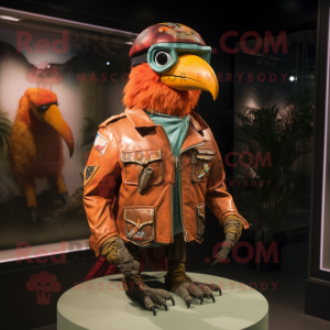 Rust Parrot mascot costume character dressed with a Moto Jacket and Hat pins