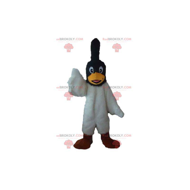 Mascotte d'oiseau noir et blanc avec une crête sur la tête -