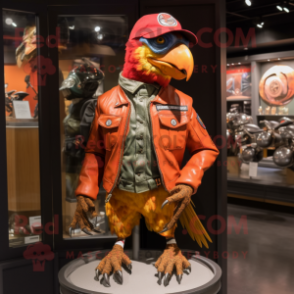 Rust Parrot mascot costume character dressed with a Moto Jacket and Hat pins