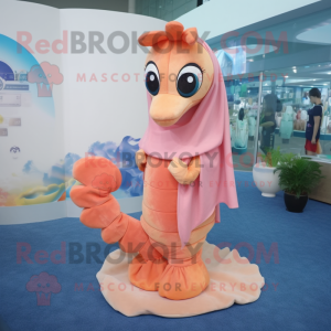 Peach Sea Horse mascot costume character dressed with a Cover-up and Scarves