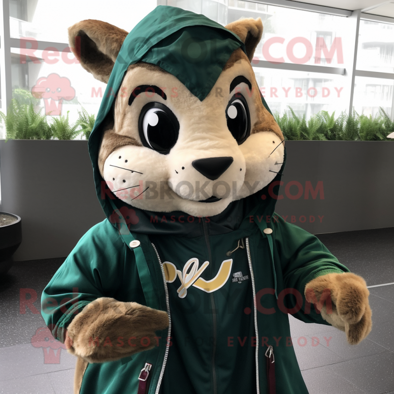 Forest Green Chipmunk mascot costume character dressed with a Windbreaker and Shawl pins